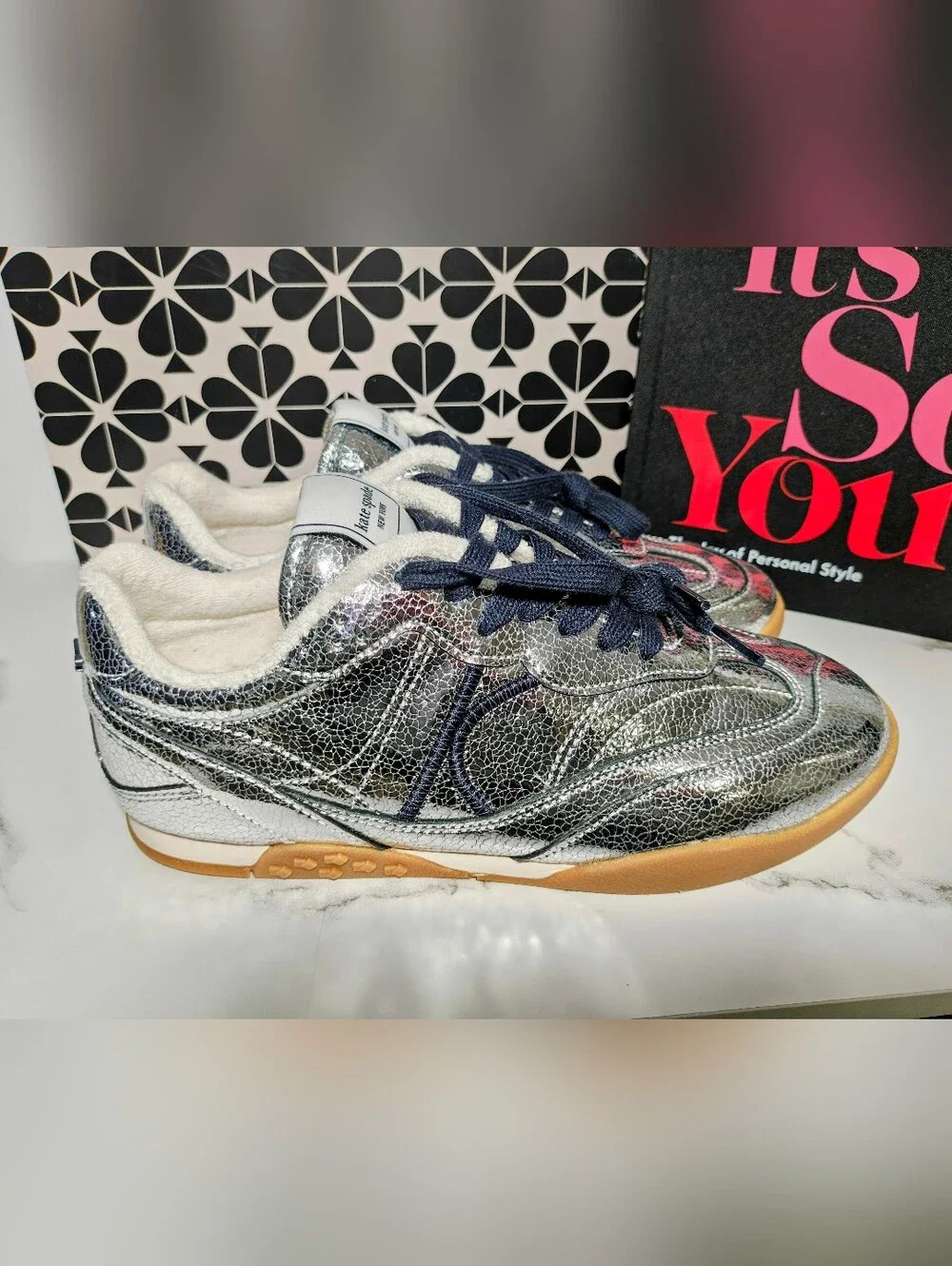 NEW!  Kate Spade Silver Crackle Leather Sneakers with Navy Laces Sells For $228.